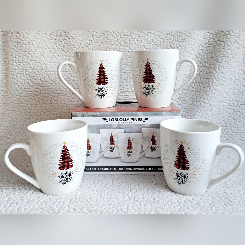 Set of 4 Loblolly Pines Plaid Holiday Coffee Mugs
